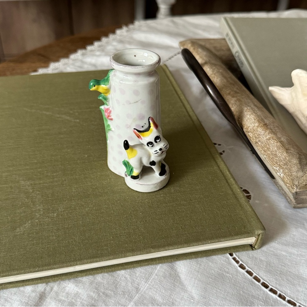 antique dog and bird polka dot colorful little vase